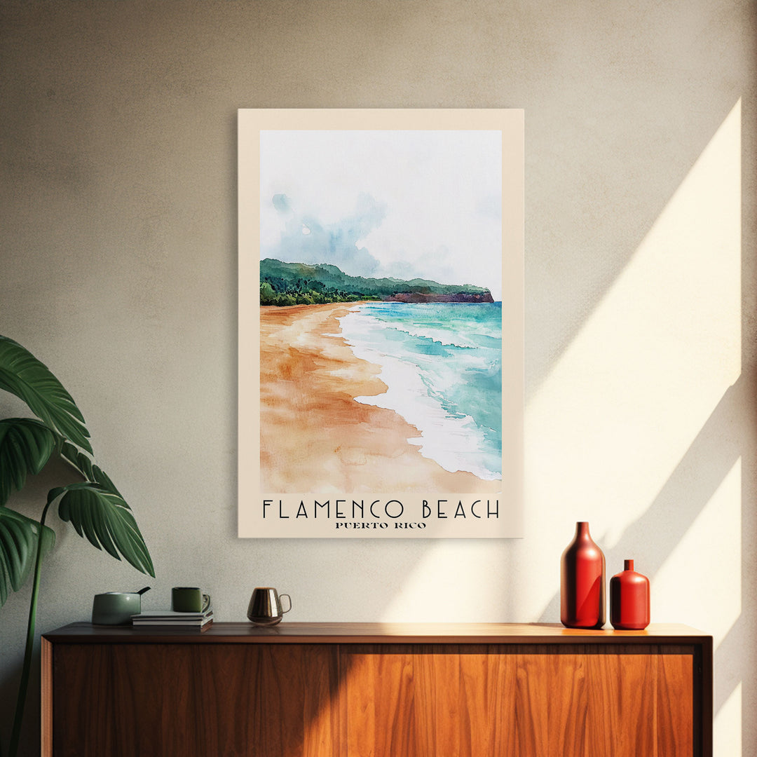 Flamenco Beach, Puerto Rico Watercolor Beach Print, Vacation Gift, Puerto Rico Wall Art, Framed Canvas Print, Framed Beach Painting