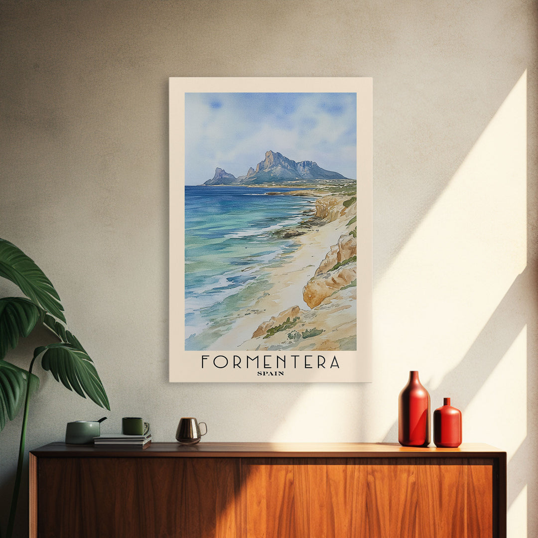 Formentera, Spain Watercolor Print, Vacation Gift, Spain Wall Art, Beach Painting, Beach Decor, Large Wall Art, Wood Frame Art