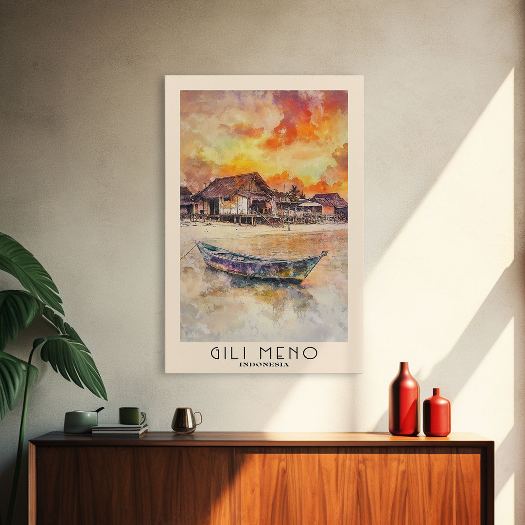 Gili Meno, Indonesia Watercolor Print, Vacation Gift, Indonesia Wall Art, Beach Painting, Beach Decor, Large Wall Art, Wood Frame Art