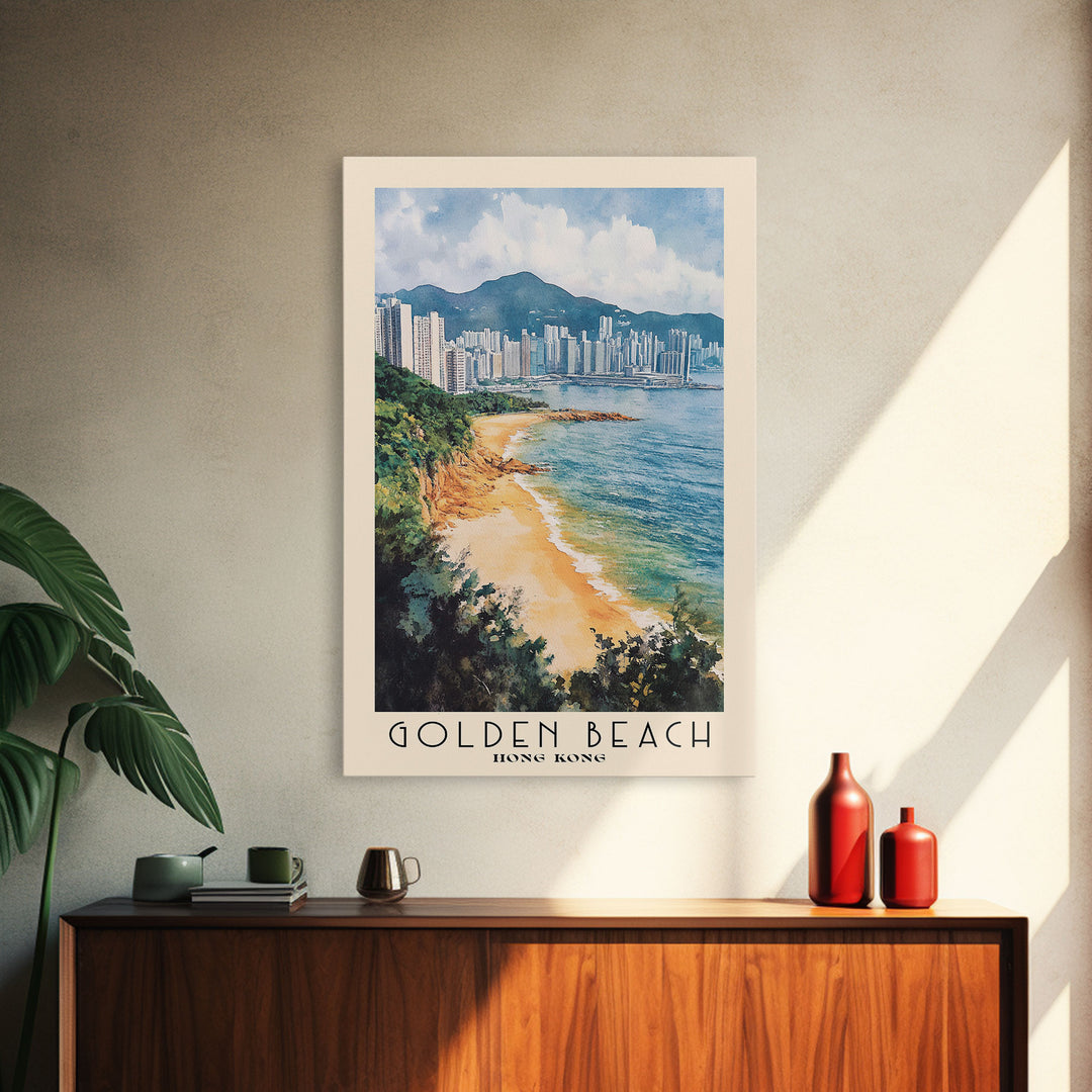 Golden Beach, Hong Kong Watercolor Print, Vacation Gift, Hong Kong Wall Art, Beach Painting, Beach Decor, Large Wall Art, Wood Frame Art