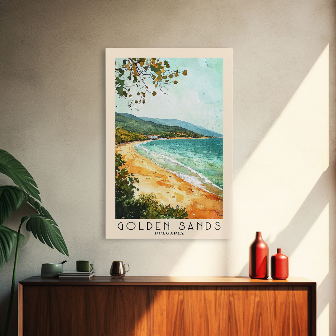 Golden Sands, Bulgaria Watercolor Beach Print, Vacation Gift, Bulgaria Wall Art, Framed Canvas Print, Framed Beach Painting