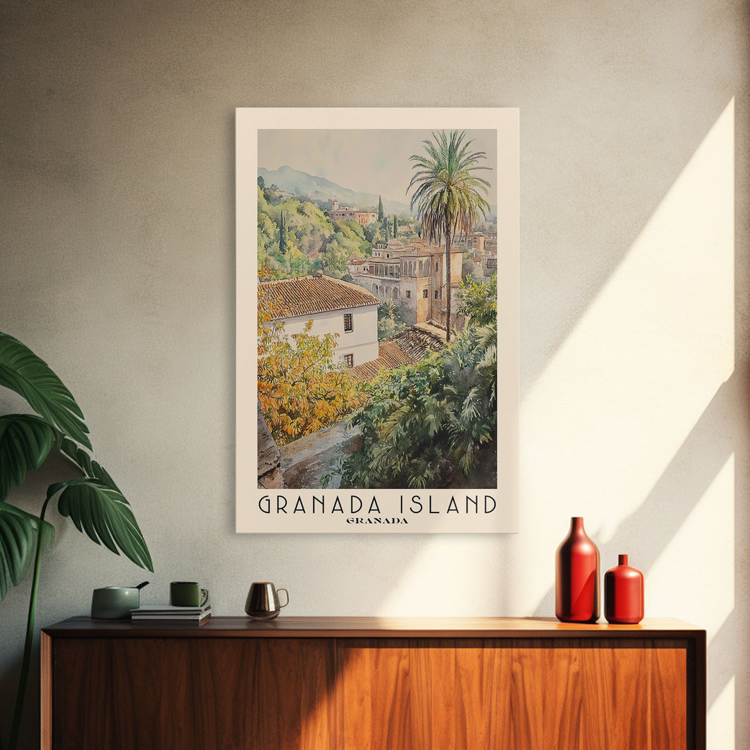 Granada Island, Granada Watercolor Print, Vacation Gift, Granada Wall Art, Beach Painting, Beach Decor, Large Wall Art, Wood Frame Art