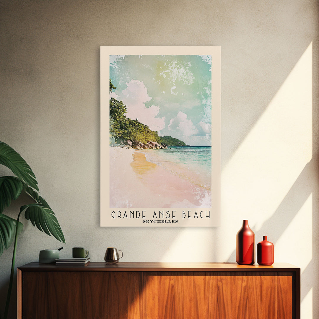 Grande Anse Beach, Seychelles Watercolor Print, Vacation Gift, Seychelles Wall Art, Beach Painting, Beach Decor, Large Wall Art, Wood Frame Art