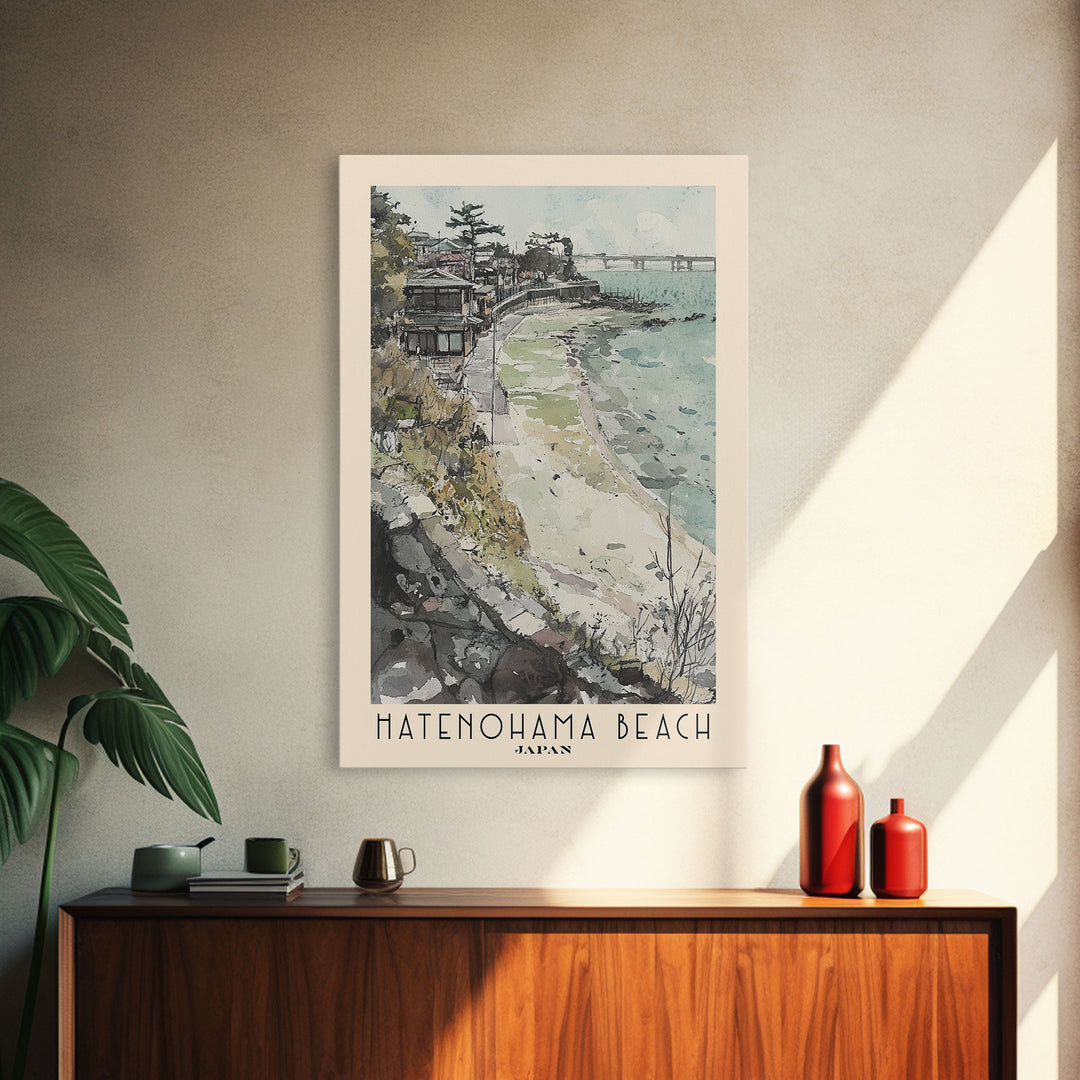 Hatenohama Beach, Japan Watercolor Print, Vacation Gift, Japan Wall Art, Beach Painting, Beach Decor, Large Wall Art, Wood Frame Art