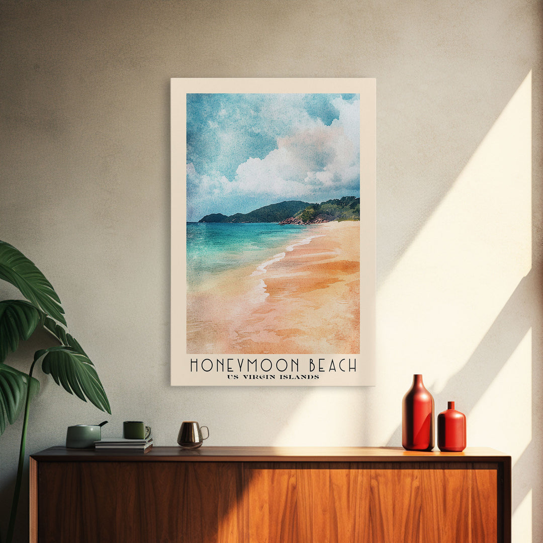 Honeymoon Beach, US Virgin islands Watercolor Beach Print, Vacation Gift, US Virgin islands Wall Art, Framed Canvas Print, Framed Beach Painting