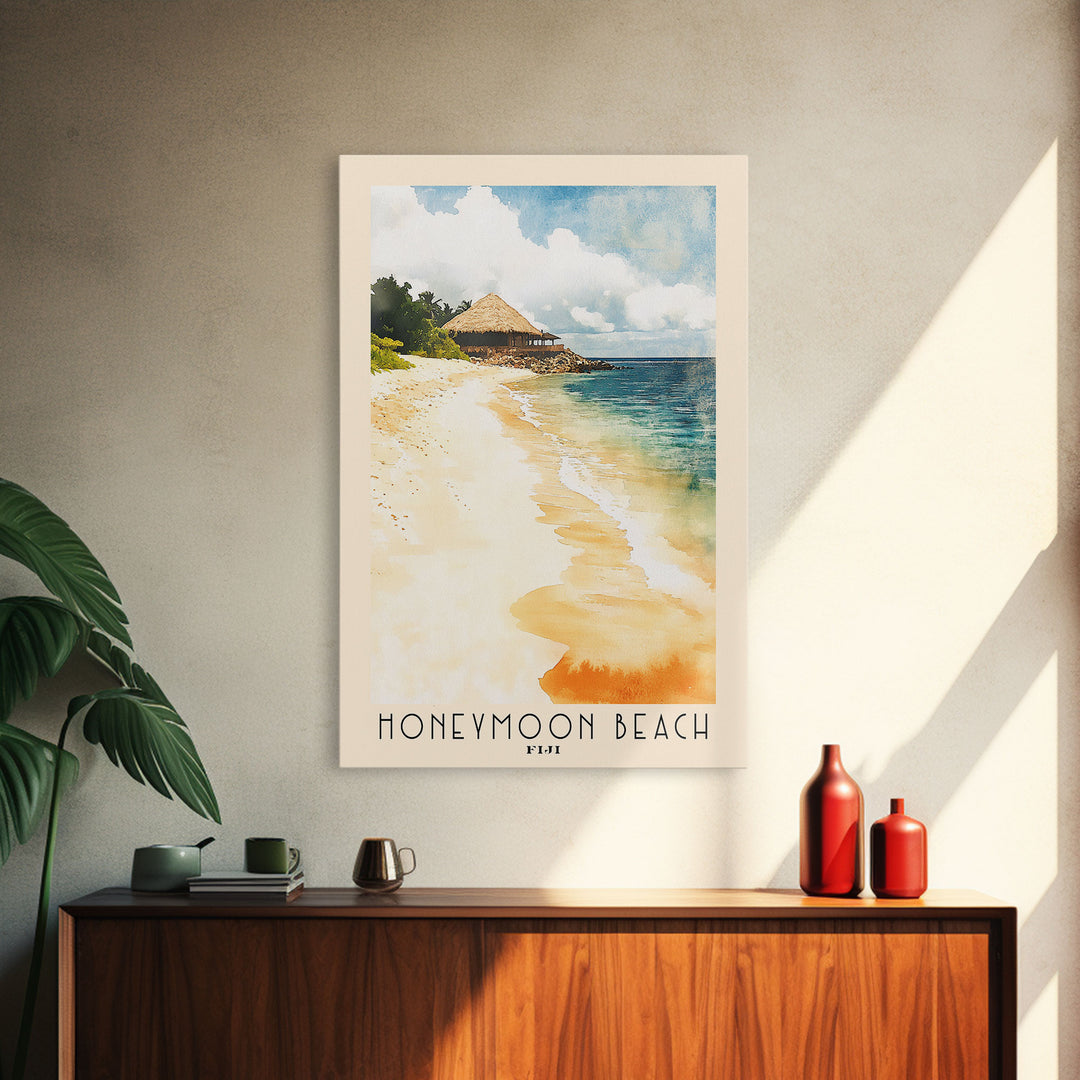 Honeymoon Beach, Fiji Watercolor Print, Vacation Gift, Fiji Wall Art, Beach Painting, Beach Decor, Large Wall Art, Wood Frame Art