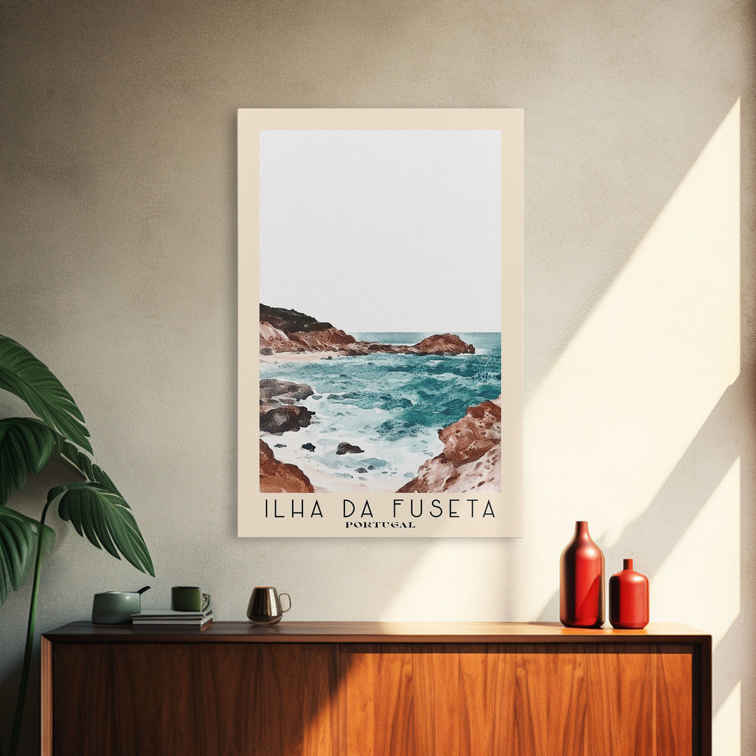 Ilha da Fuseta, Portugal Watercolor Beach Print, Vacation Gift, Portugal Wall Art, Framed Canvas Print, Framed Beach Painting