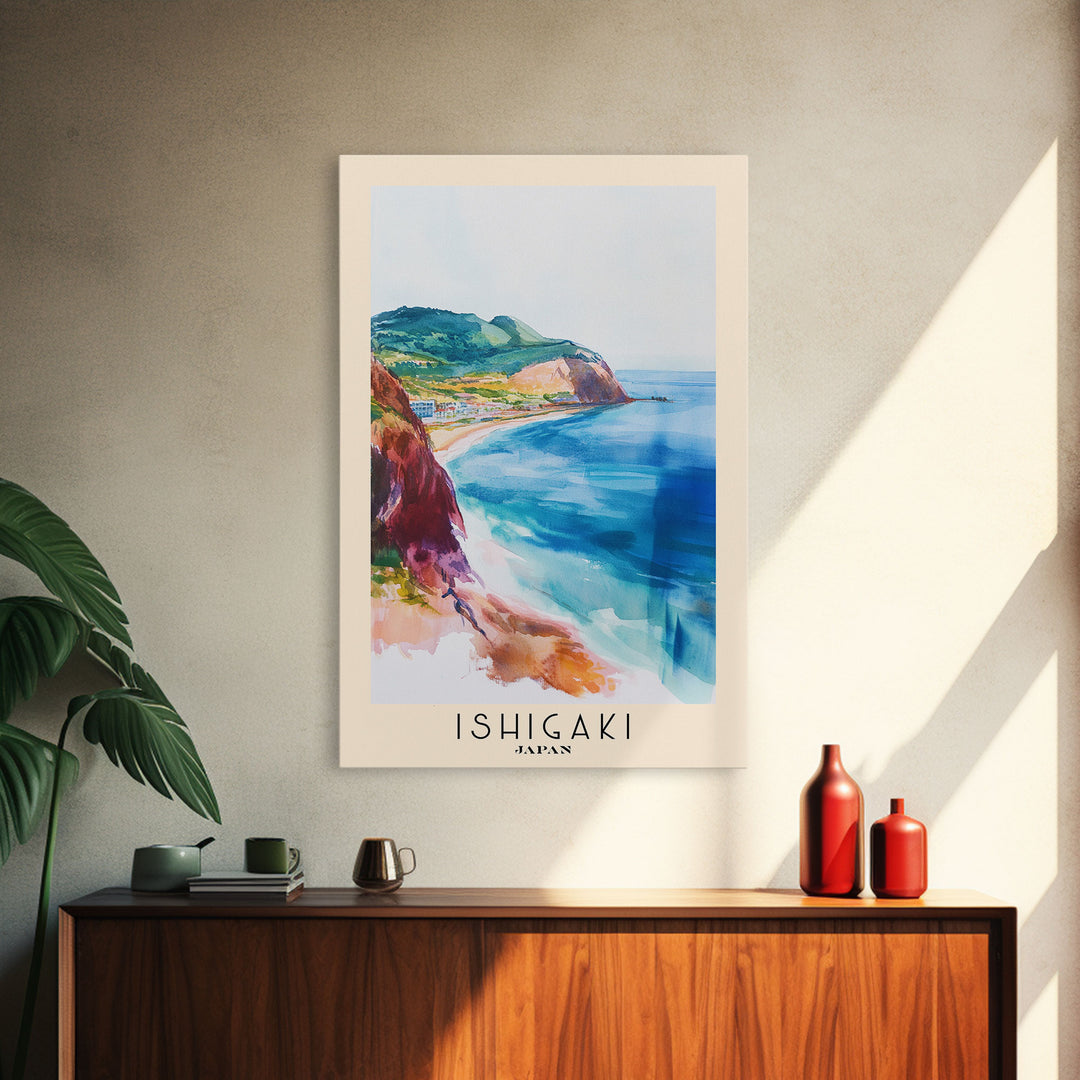 Ishigaki, Japan Watercolor Print, Vacation Gift, Japan Wall Art, Beach Painting, Beach Decor, Large Wall Art, Wood Frame Art