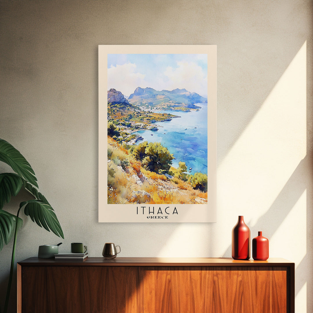 Ithaca, Greece Watercolor Print, Vacation Gift, Greece Wall Art, Beach Painting, Beach Decor, Large Wall Art, Wood Frame Art