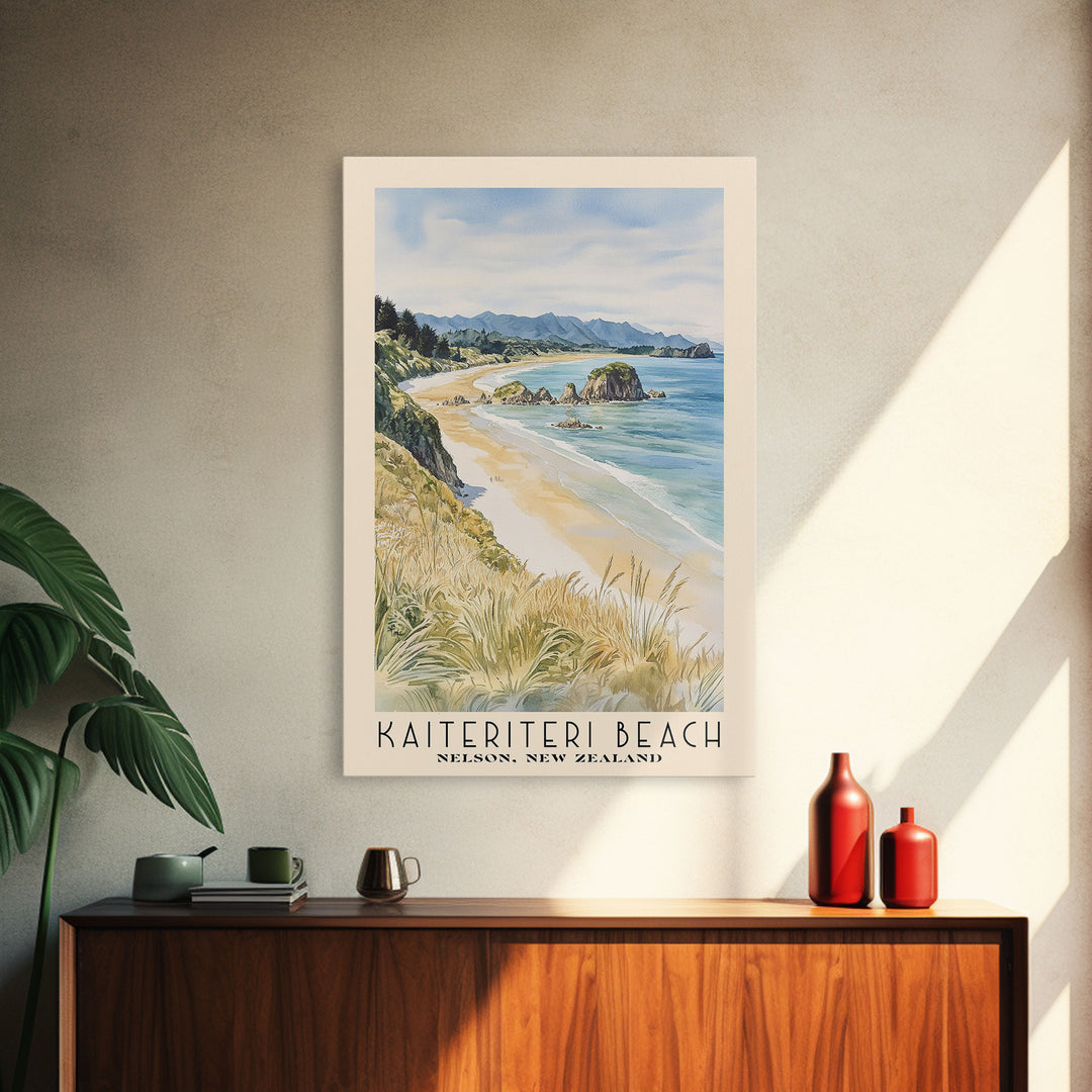 Kaiteriteri Beach, Nelson, New Zealand Watercolor Print, Vacation Gift, Nelson, New Zealand Wall Art, Beach Painting, Beach Decor, Large Wall Art, Wood Frame Art