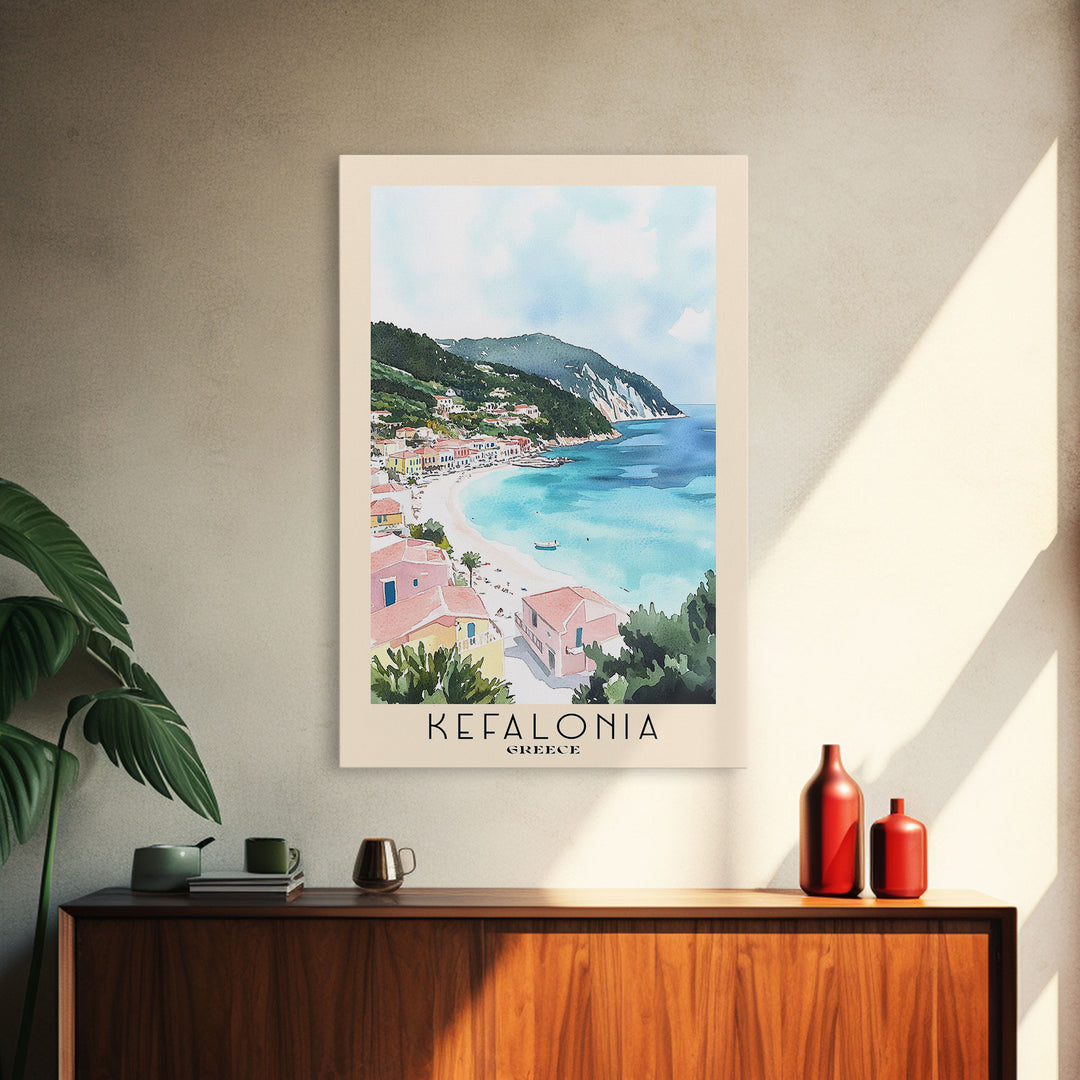 Kefalonia, Greece Watercolor Beach Print, Vacation Gift, Greece Wall Art, Framed Canvas Print, Framed Beach Painting