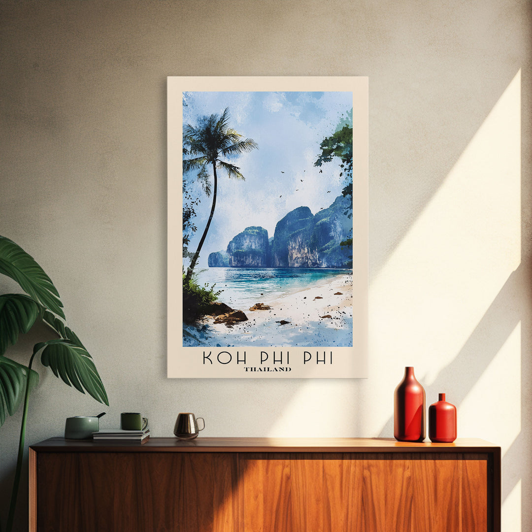 Koh Phi Phi, Thailand Watercolor Print, Vacation Gift, Thailand Wall Art, Beach Painting, Beach Decor, Large Wall Art, Wood Frame Art