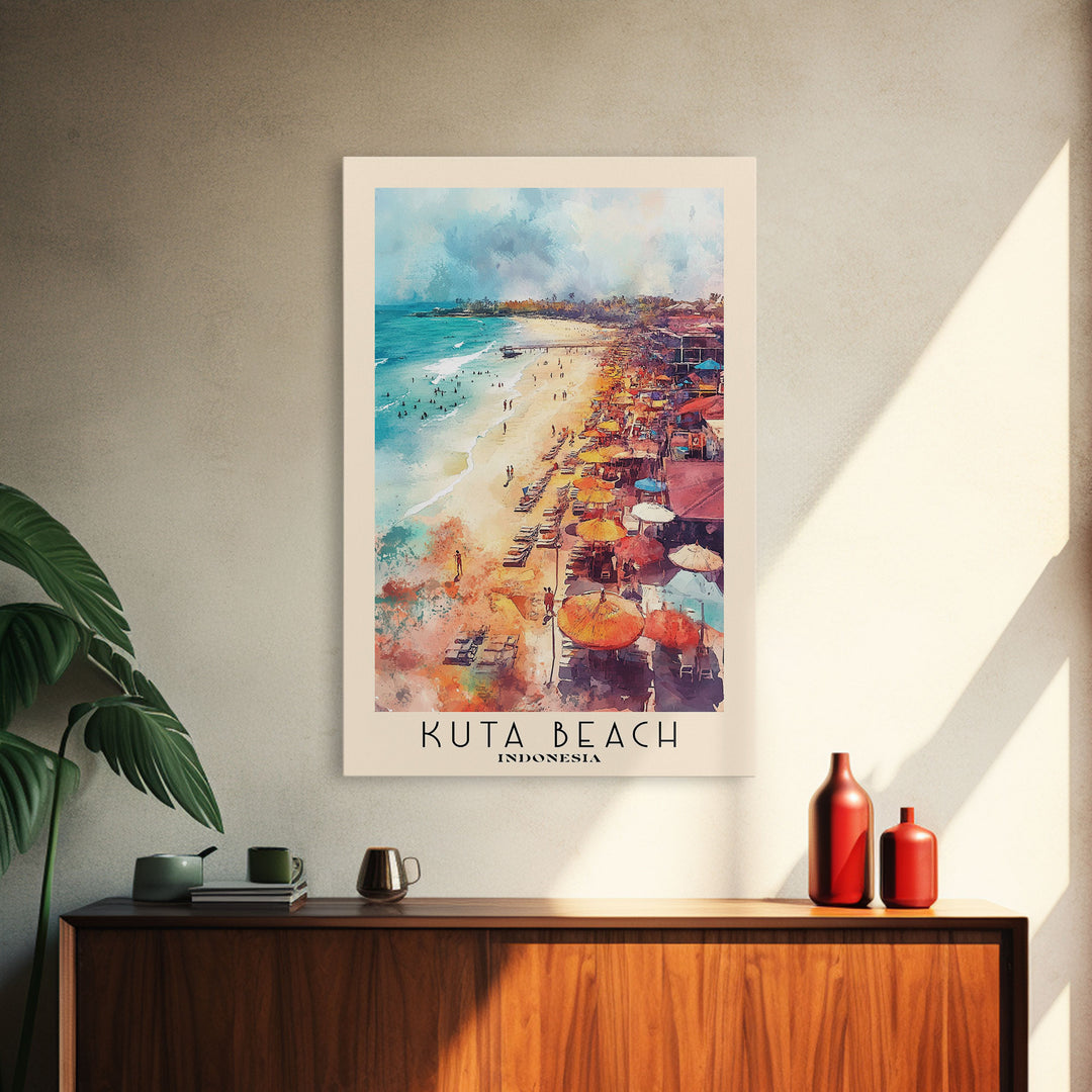 Kuta Beach, Indonesia Watercolor Print, Vacation Gift, Indonesia Wall Art, Beach Painting, Beach Decor, Large Wall Art, Wood Frame Art