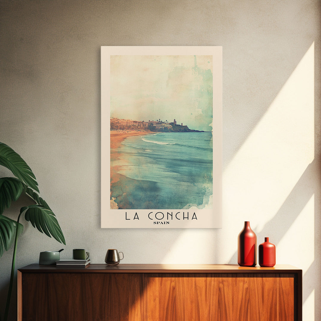 La Concha, Spain Watercolor Print, Vacation Gift, Spain Wall Art, Beach Painting, Beach Decor, Large Wall Art, Wood Frame Art