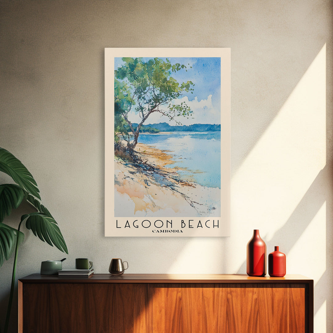 Lagoon Beach, Cambodia Watercolor Print, Vacation Gift, Cambodia Wall Art, Beach Painting, Beach Decor, Large Wall Art, Wood Frame Art