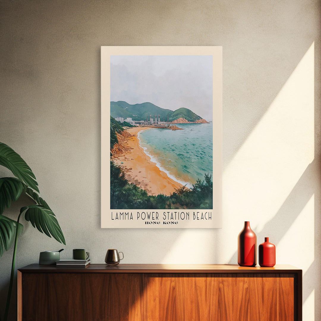 Lamma Power Station Beach, Hong Kong Watercolor Beach Print, Vacation Gift, Hong Kong Wall Art, Framed Canvas Print, Framed Beach Painting