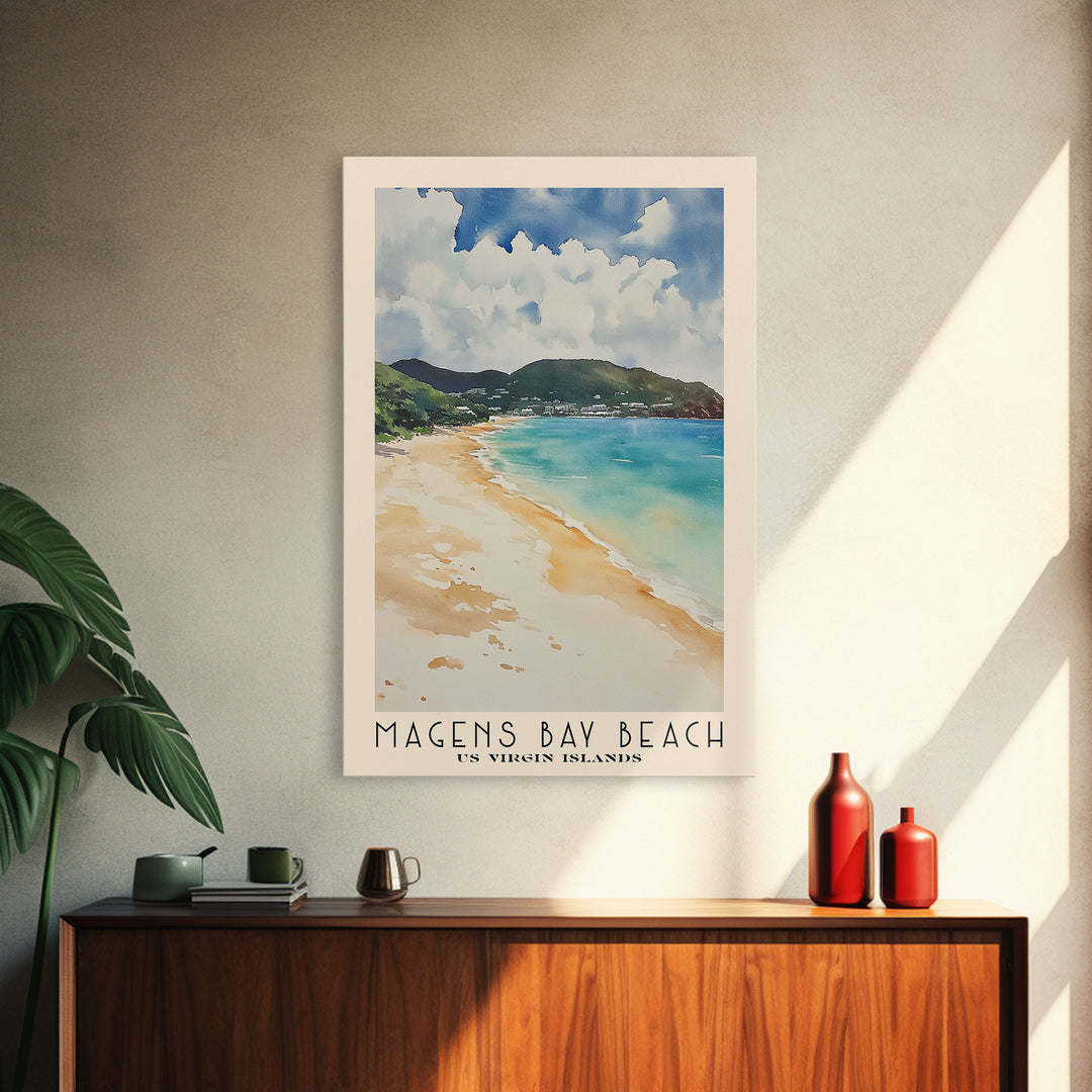 Magens Bay Beach, US Virgin islands Watercolor Beach Print, Vacation Gift, US Virgin islands Wall Art, Framed Canvas Print, Framed Beach Painting