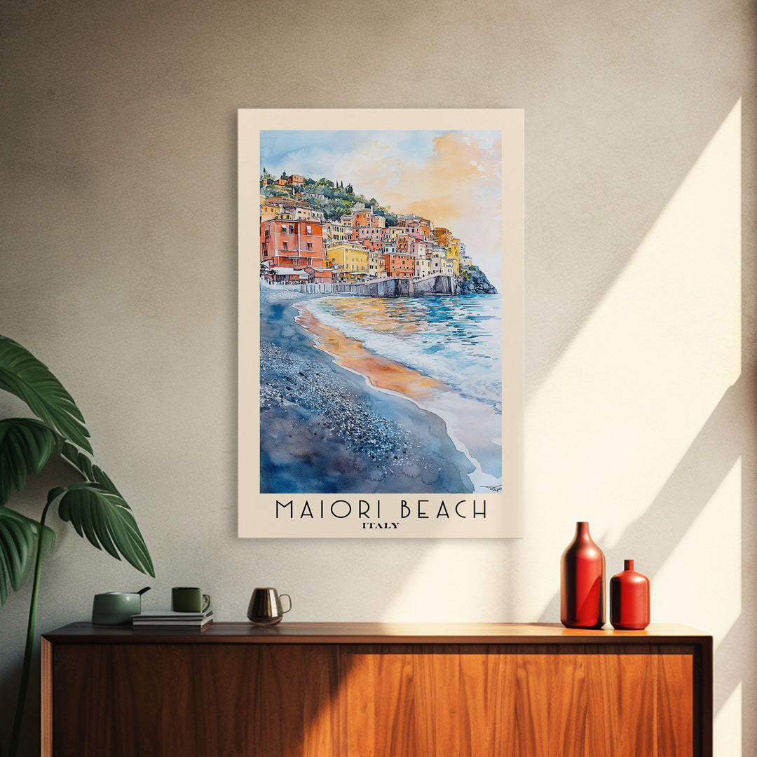 Maiori Beach, Italy Watercolor Print, Vacation Gift, Italy Wall Art, Beach Painting, Beach Decor, Large Wall Art, Wood Frame Art