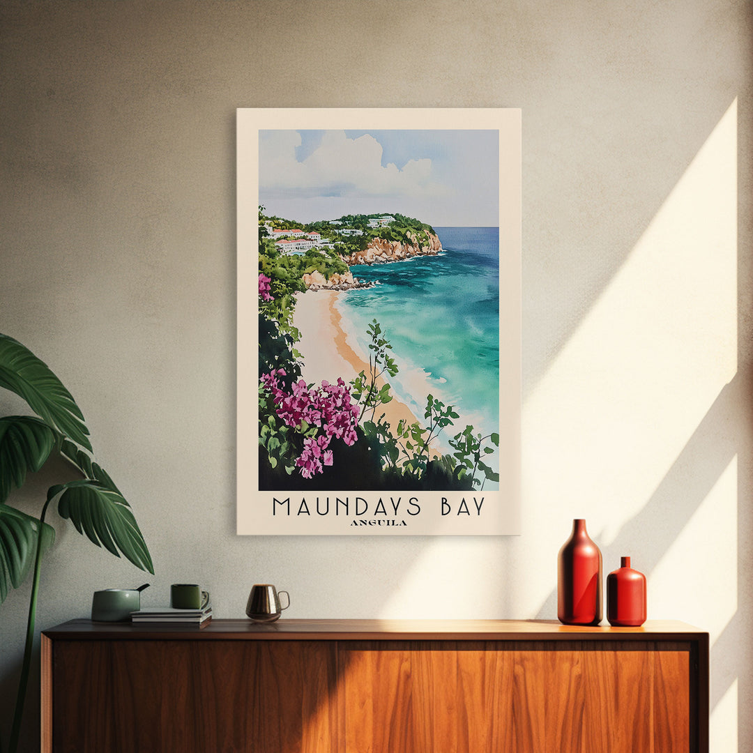 Maundays Bay, Anguila Watercolor Beach Print, Vacation Gift, Anguila Wall Art, Framed Canvas Print, Framed Beach Painting