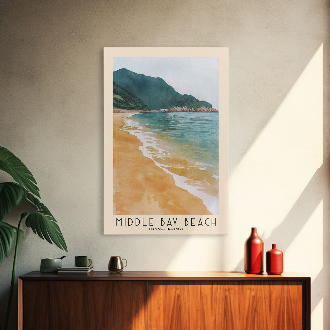 Middle Bay Beach, Hong Kong Watercolor Print, Vacation Gift, Hong Kong Wall Art, Beach Painting, Beach Decor, Large Wall Art, Wood Frame Art