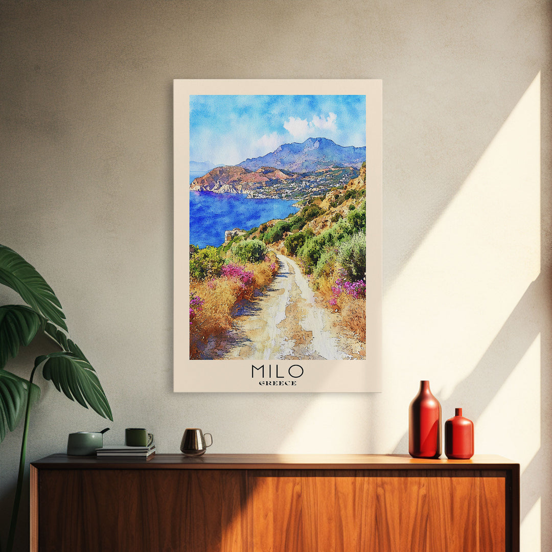 Milo, Greece Watercolor Beach Print, Vacation Gift, Greece Wall Art, Framed Canvas Print, Framed Beach Painting