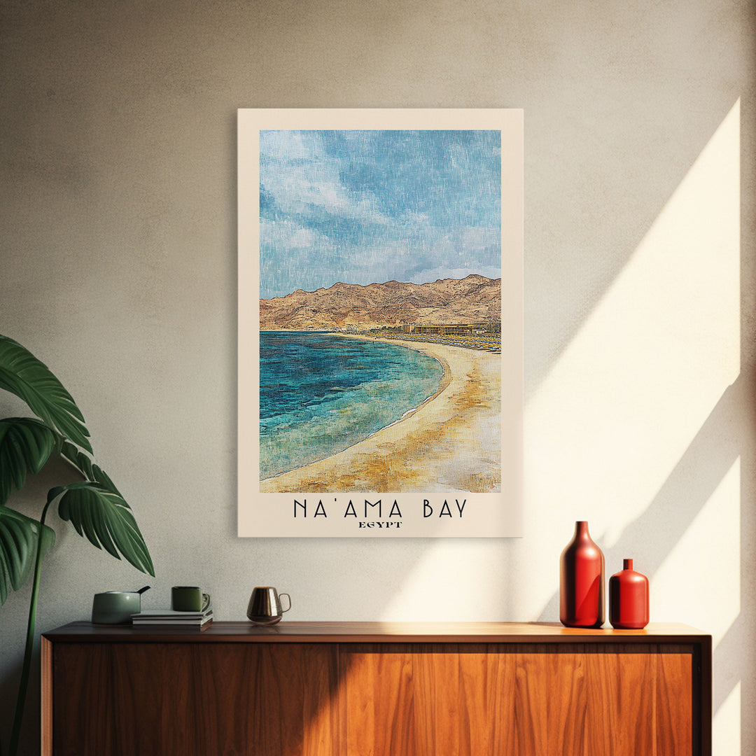 Na’ama Bay, Egypt Watercolor Beach Print, Vacation Gift, Egypt Wall Art, Framed Canvas Print, Framed Beach Painting