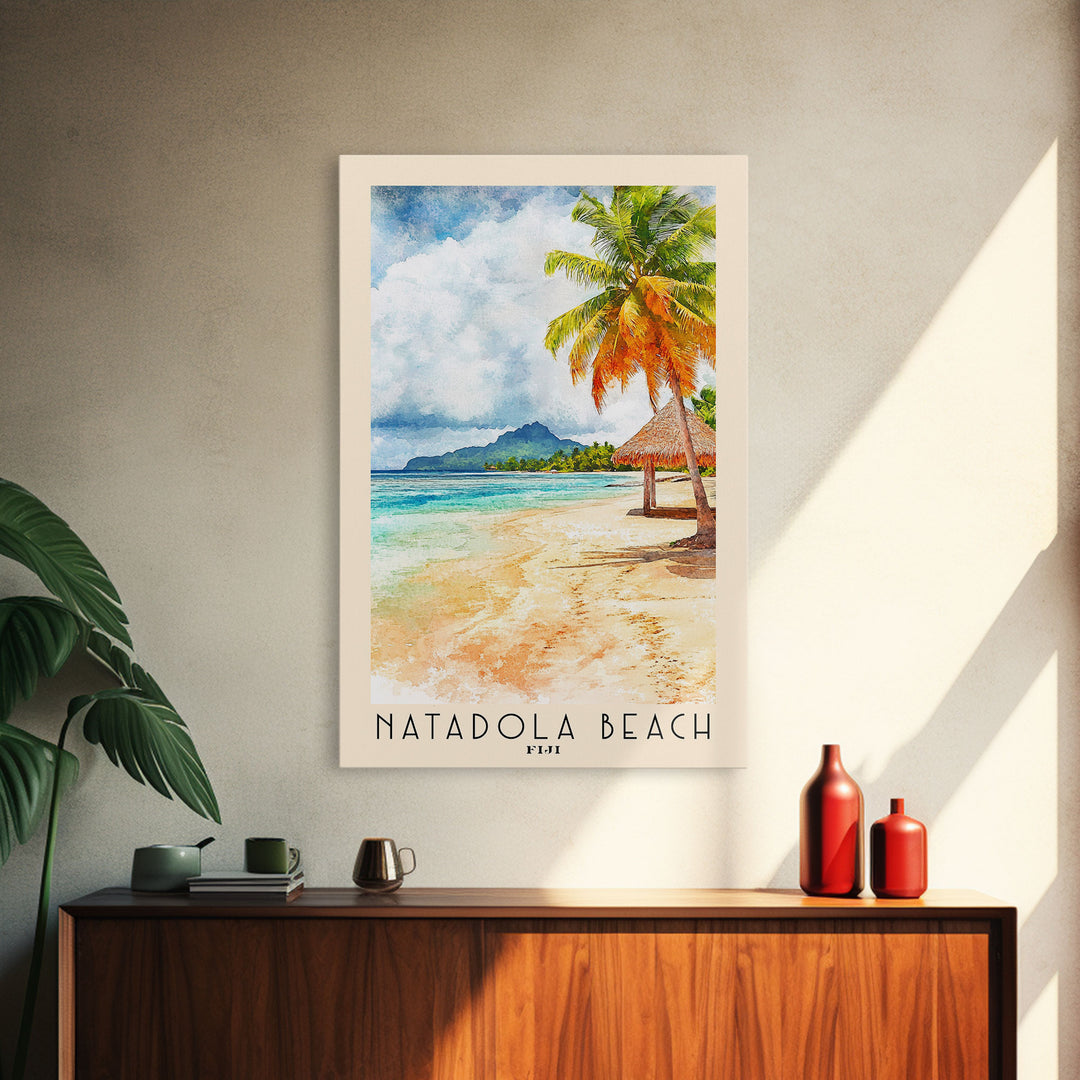 Natadola Beach, Fiji Watercolor Beach Print, Vacation Gift, Fiji Wall Art, Framed Canvas Print, Framed Beach Painting