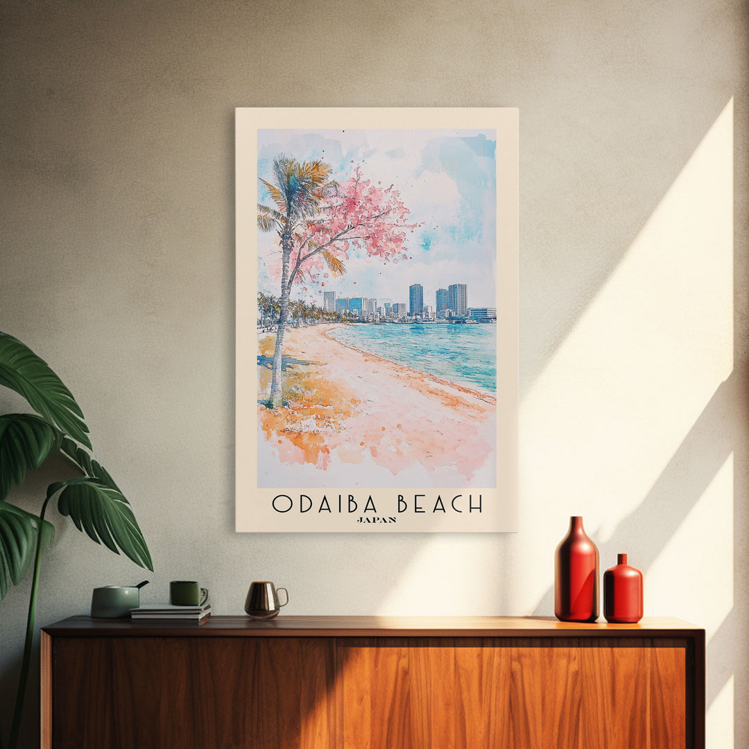 Odaiba Beach, Japan Watercolor Print, Vacation Gift, Japan Wall Art, Beach Painting, Beach Decor, Beach Or Lakehouse Art