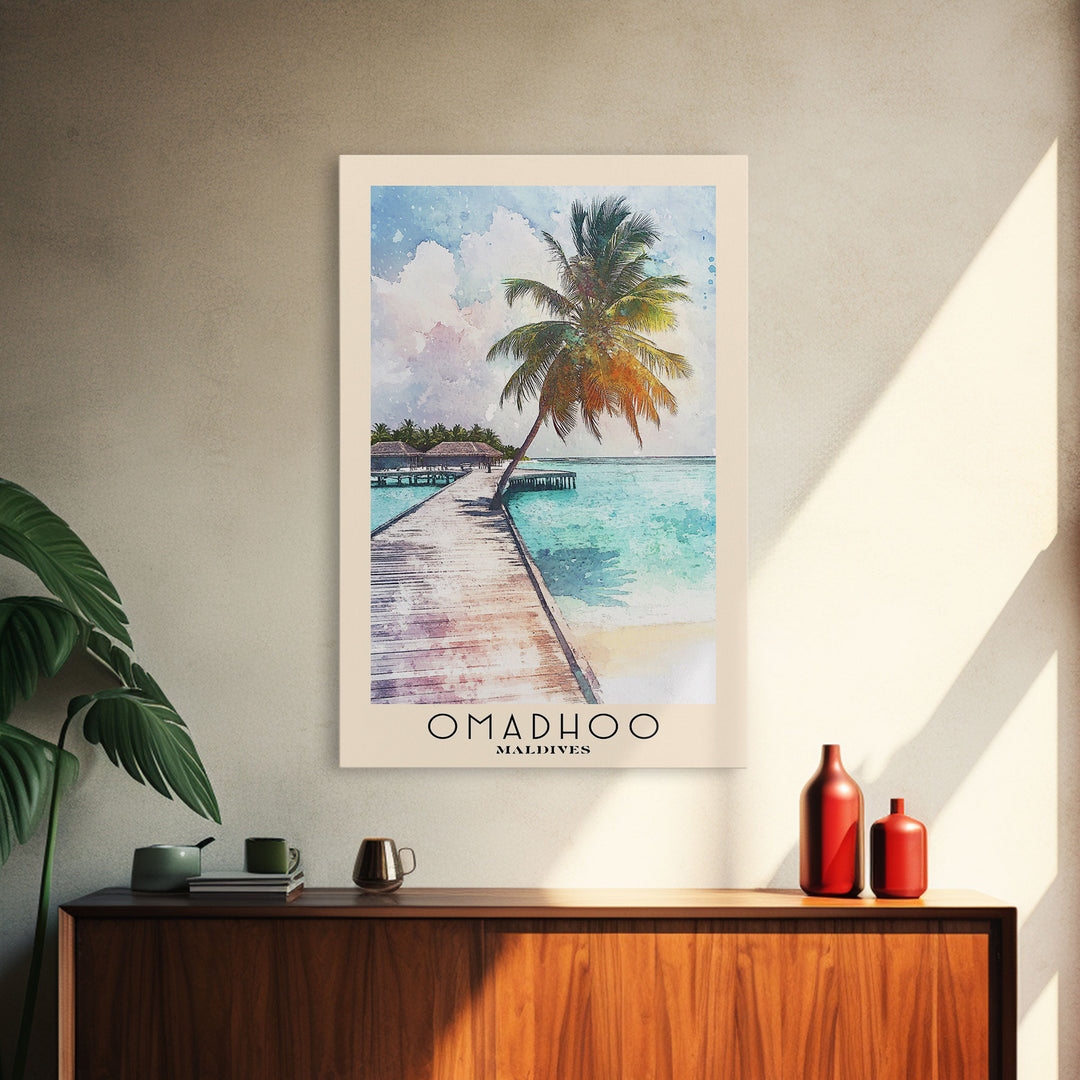 Omadhoo, Maldives Watercolor Print, Vacation Gift, Maldives Wall Art, Beach Painting, Beach Decor, Large Wall Art, Wood Frame Art