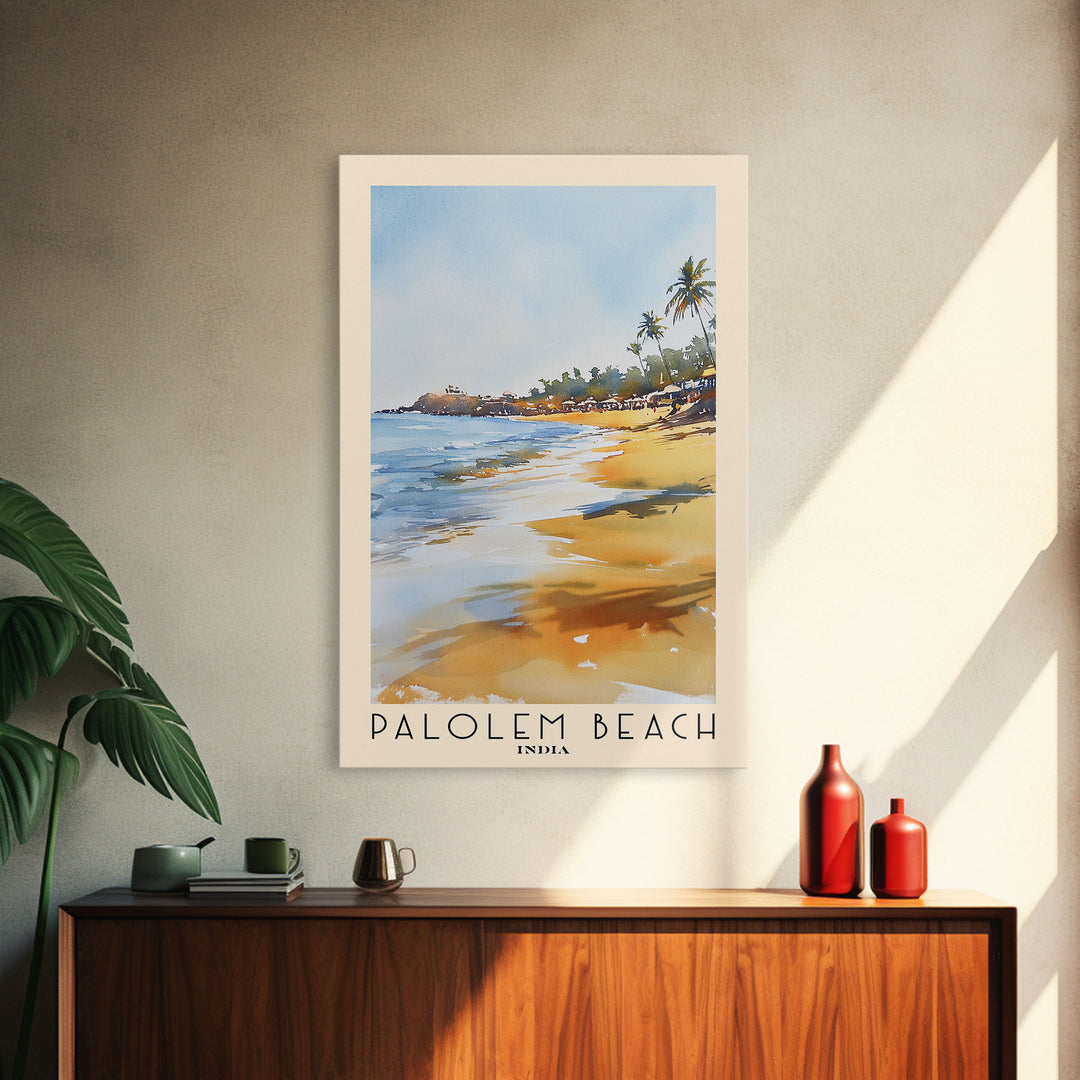 Palolem Beach, India Watercolor Beach Print, Vacation Gift, India Wall Art, Framed Canvas Print, Framed Beach Painting