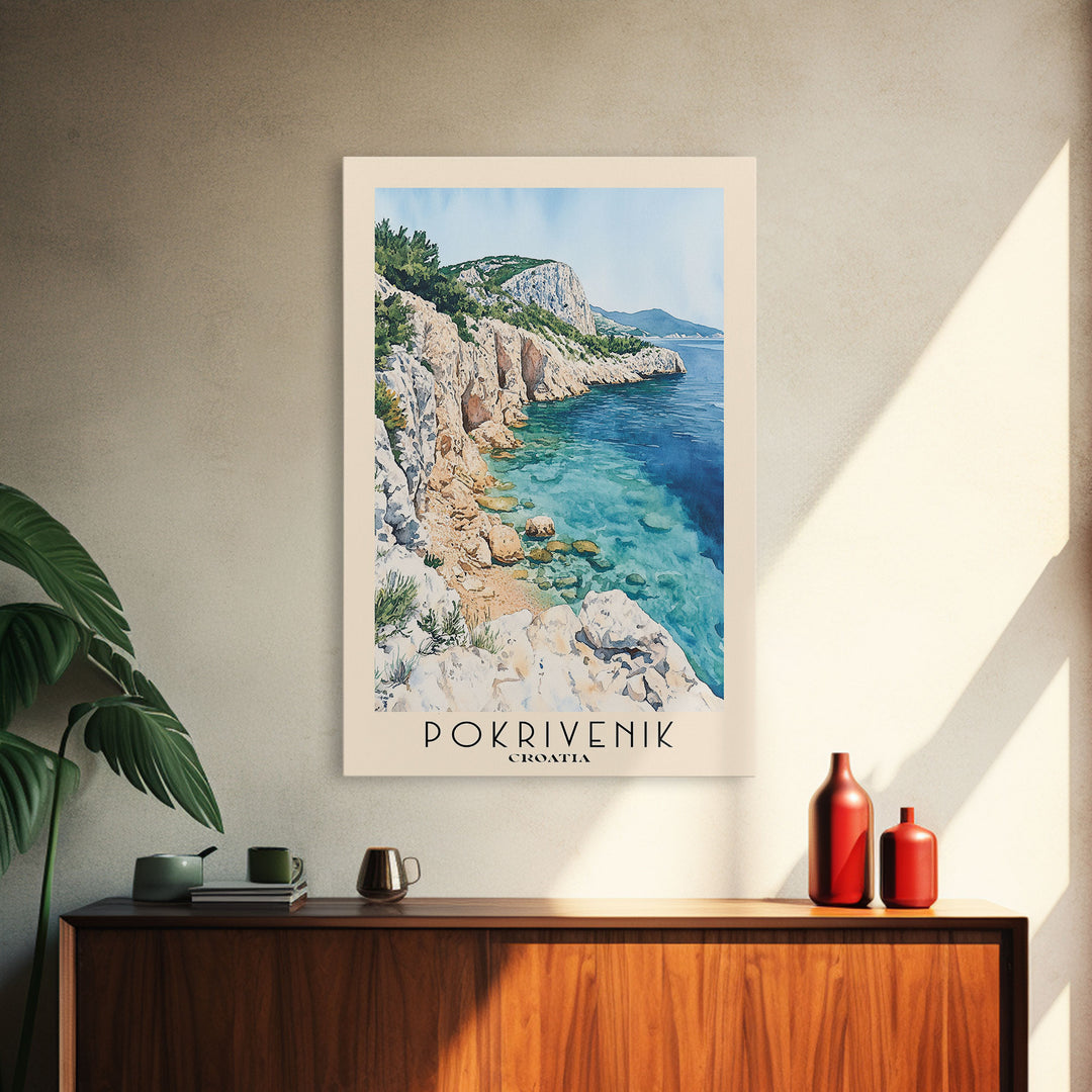 Pokrivenik, Croatia Watercolor Print, Vacation Gift, Croatia Wall Art, Beach Painting, Beach Decor, Large Wall Art, Wood Frame Art