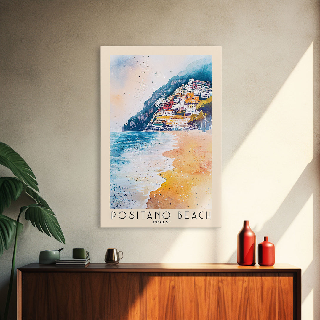 Positano Beach, Italy Watercolor Print, Vacation Gift, Italy Wall Art, Beach Painting, Beach Decor, Large Wall Art, Wood Frame Art