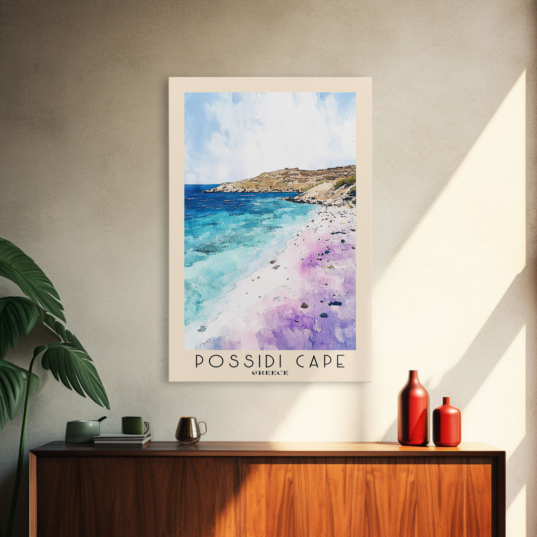 Possidi Cape, Greece Watercolor Beach Print, Vacation Gift, Greece Wall Art, Framed Canvas Print, Framed Beach Painting