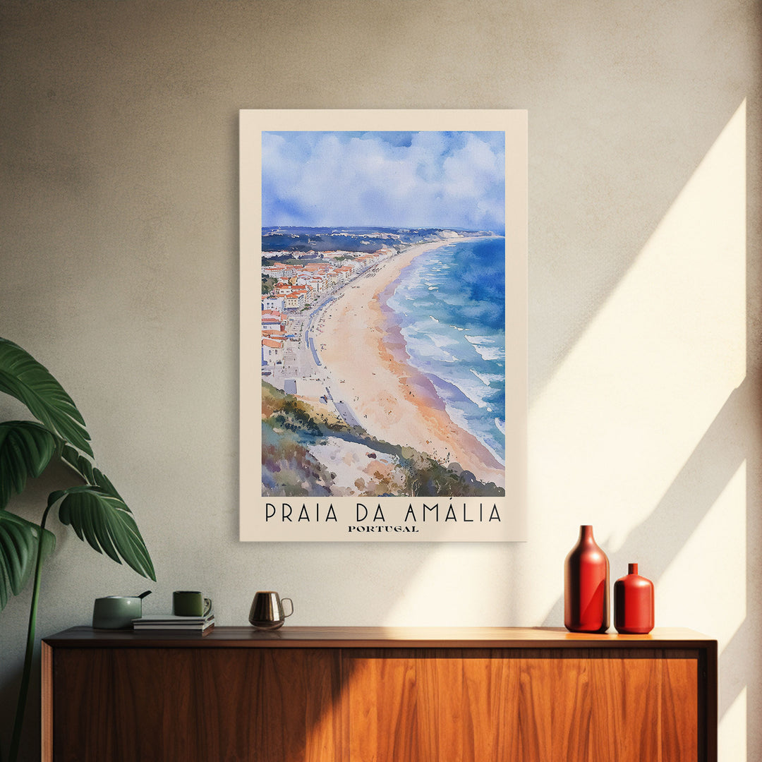 Praia da Amália, Portugal Watercolor Beach Print, Vacation Gift, Portugal Wall Art, Framed Canvas Print, Framed Beach Painting