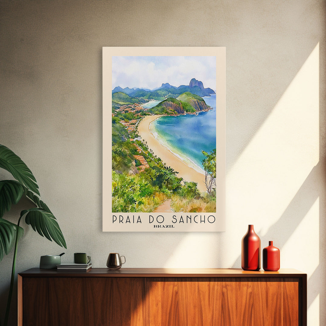 Praia do Sancho, Brazil Watercolor Beach Print, Vacation Gift, Brazil Wall Art, Framed Canvas Print, Framed Beach Painting