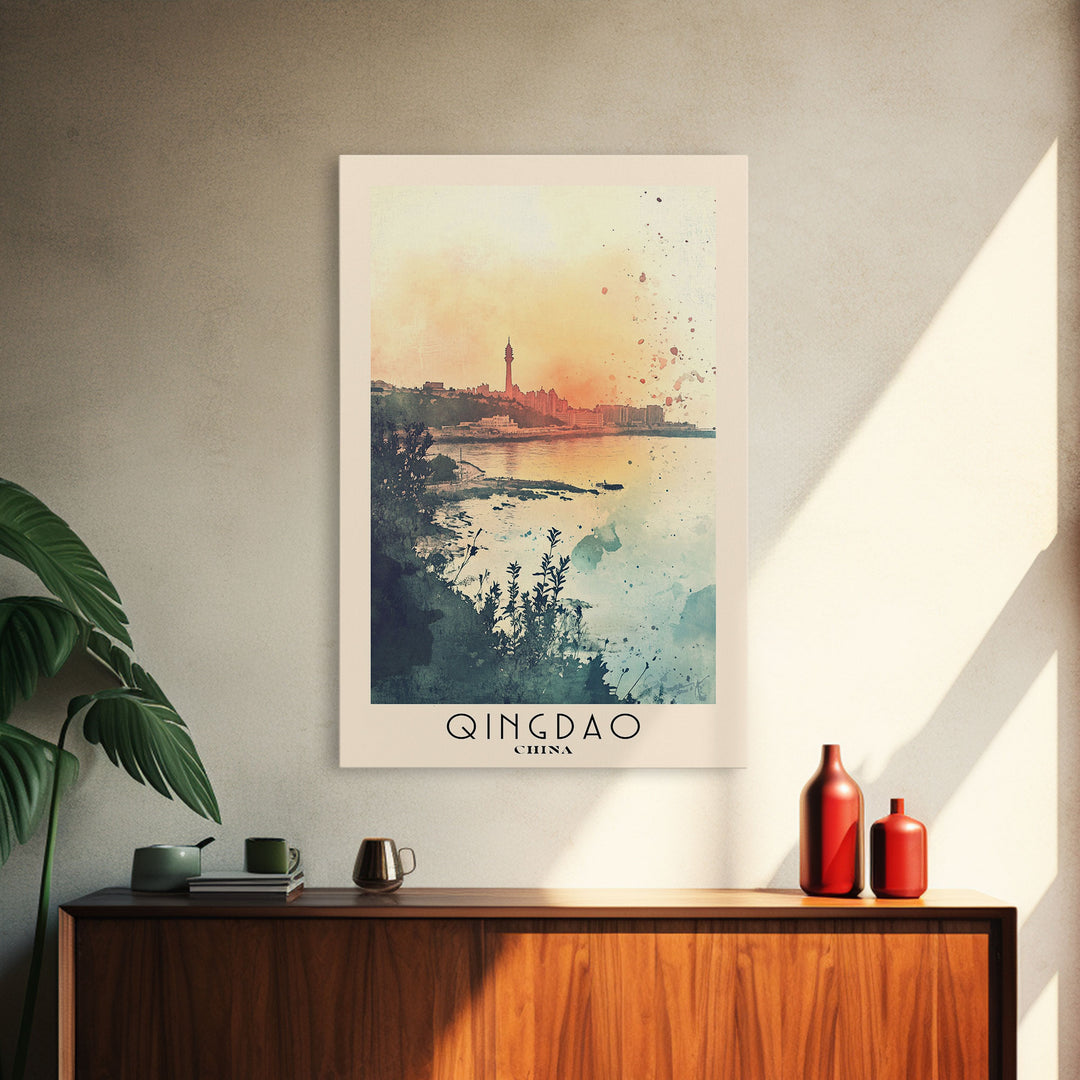 Qingdao, China Watercolor Beach Print, Vacation Gift, China Wall Art, Framed Canvas Print, Framed Beach Painting