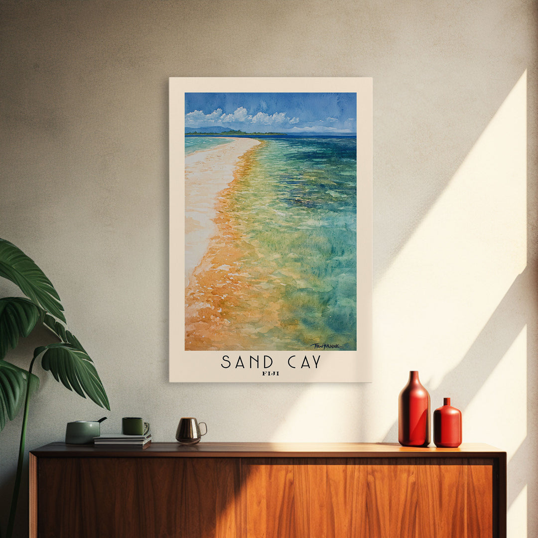 Sand Cay, Fiji Watercolor Beach Print, Vacation Gift, Fiji Wall Art, Framed Canvas Print, Framed Beach Painting