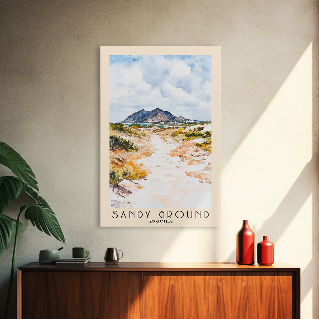 Sandy Ground, Anguila Watercolor Beach Print, Vacation Gift, Anguila Wall Art, Framed Canvas Print, Framed Beach Painting