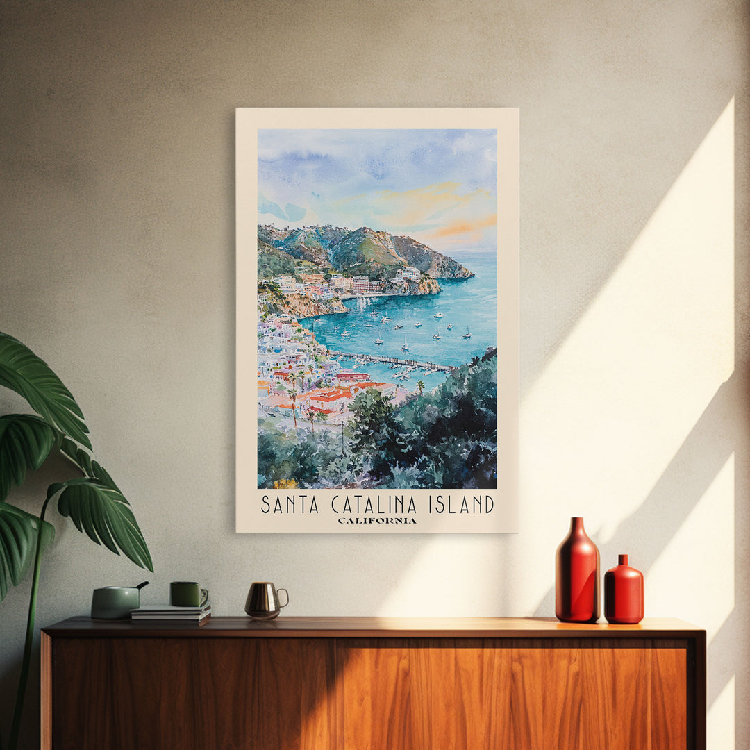 Santa Catalina Island, California Watercolor Beach Print, Vacation Gift, California Wall Art, Framed Canvas Print, Framed Beach Painting