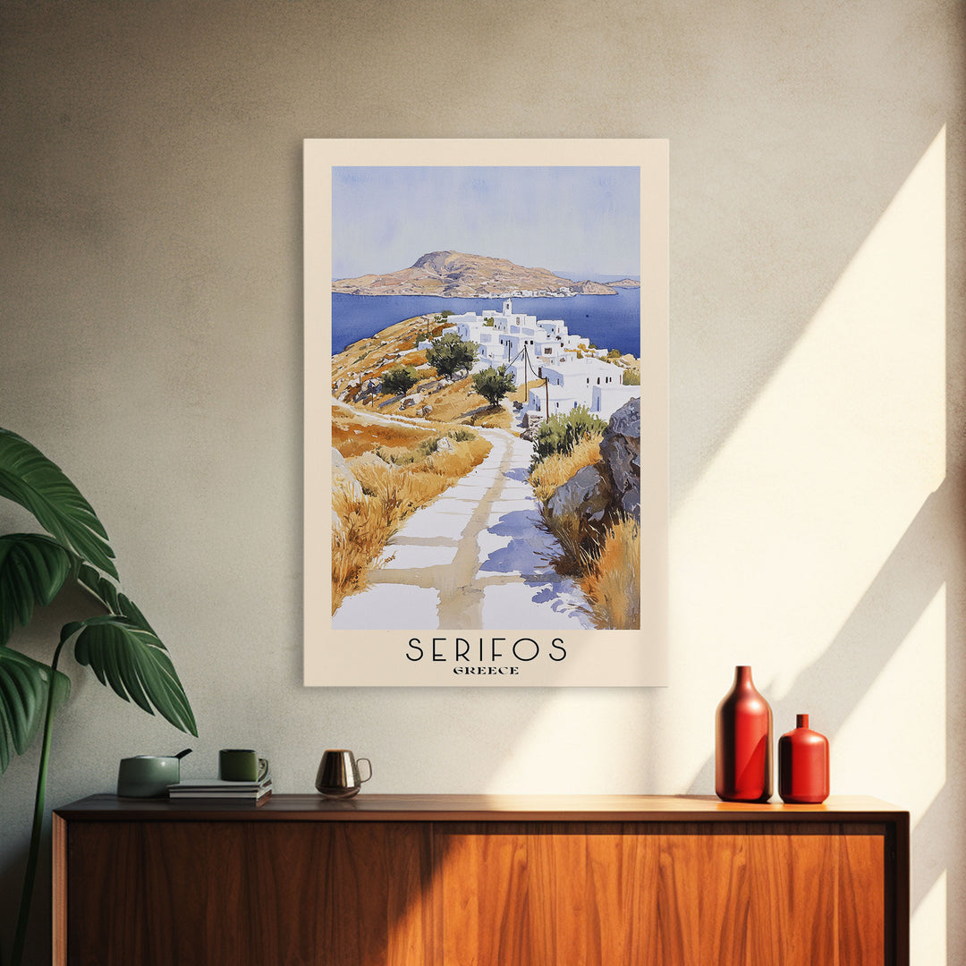 Serifos, Greece Watercolor Print, Vacation Gift, Greece Wall Art, Beach Painting, Beach Decor, Large Wall Art, Wood Frame Art