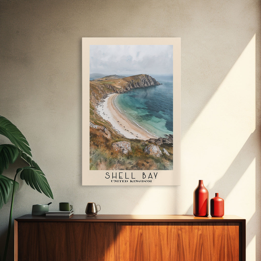 Shell Bay, United Kingdom Watercolor Beach Print, Vacation Gift, United Kingdom Wall Art, Framed Canvas Print, Framed Beach Painting