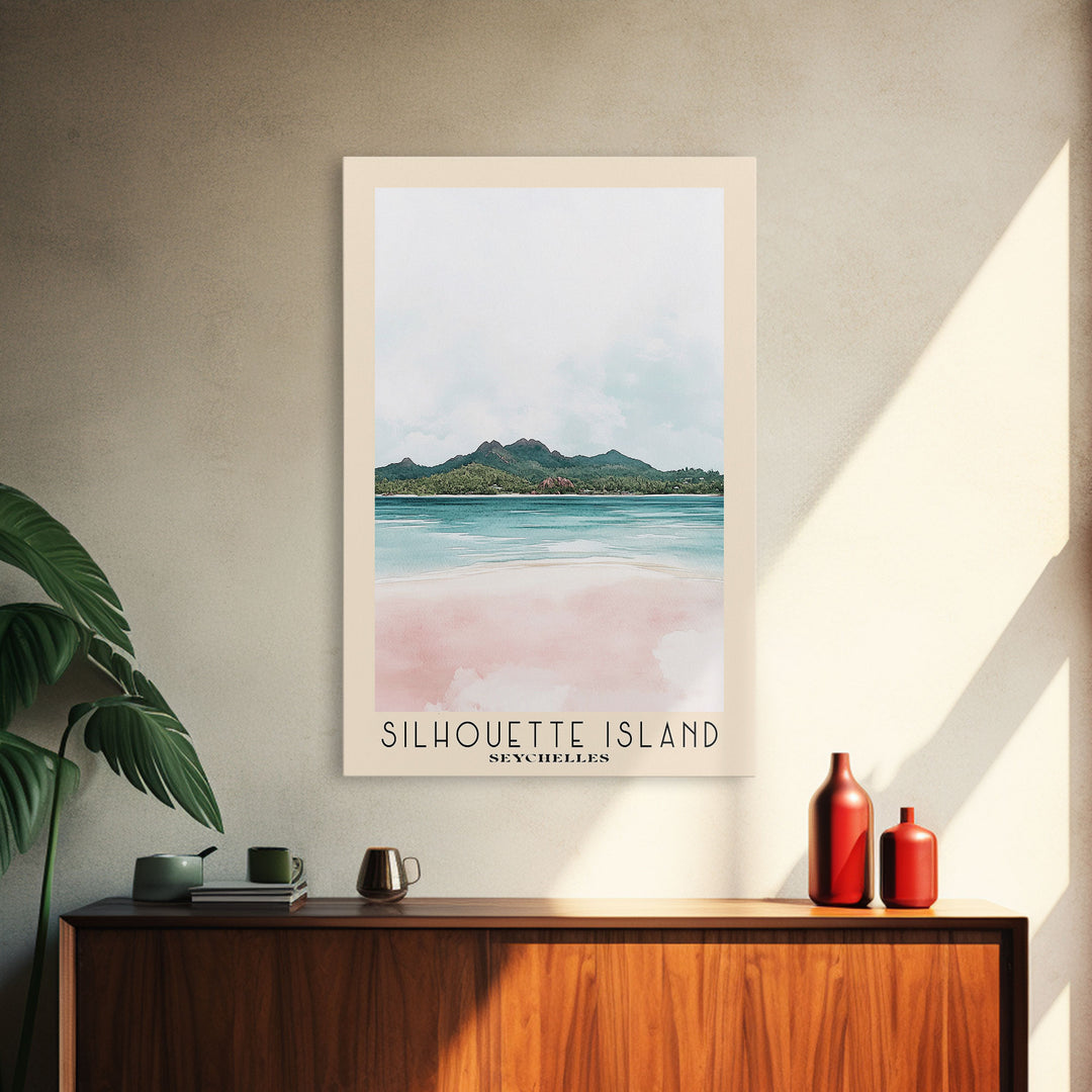 Silhouette Island, Seychelles Watercolor Print, Vacation Gift, Seychelles Wall Art, Beach Painting, Beach Decor, Large Wall Art, Wood Frame Art