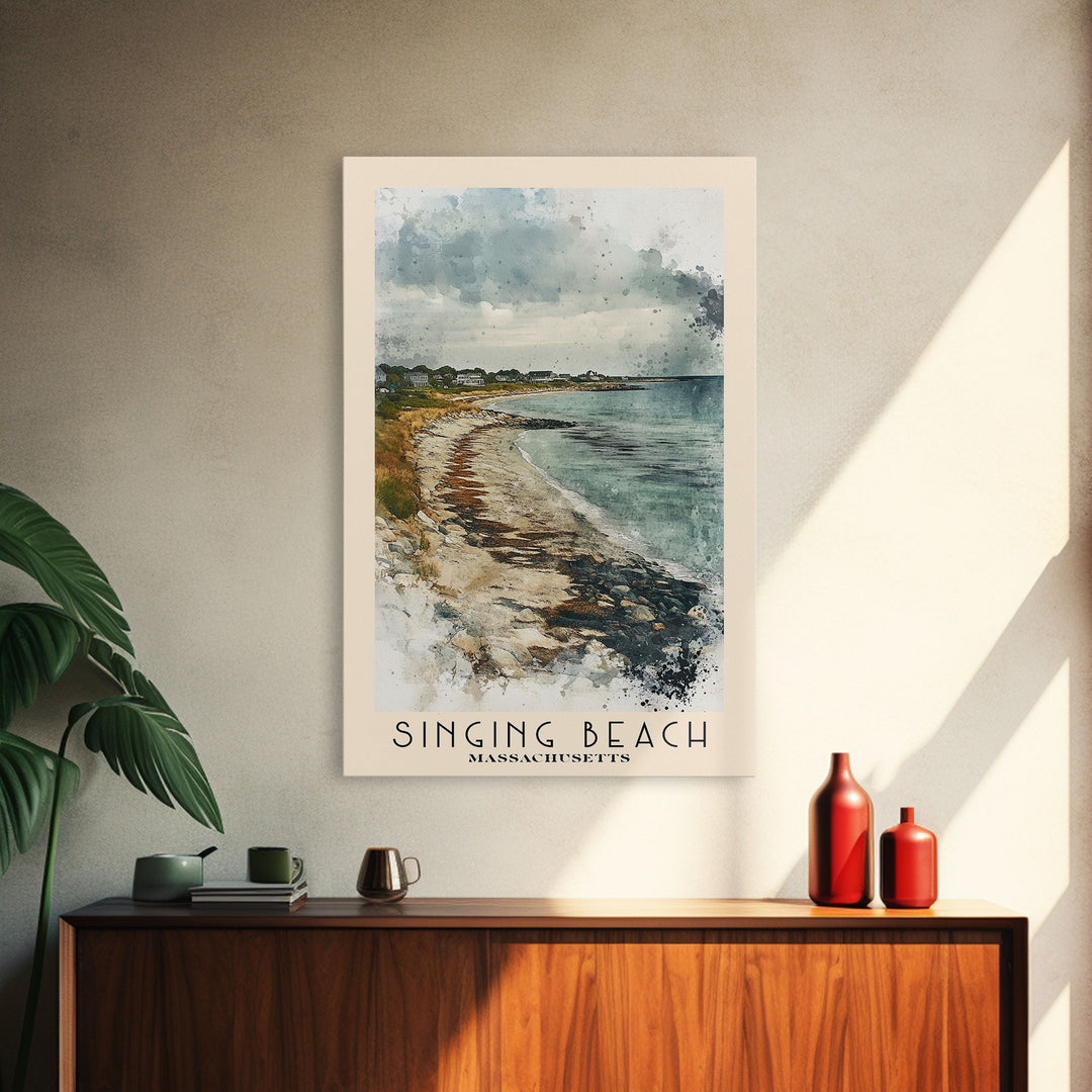 Singing Beach, Massachusetts Watercolor Beach Print, Vacation Gift, Massachusetts Wall Art, Framed Canvas Print, Framed Beach Painting