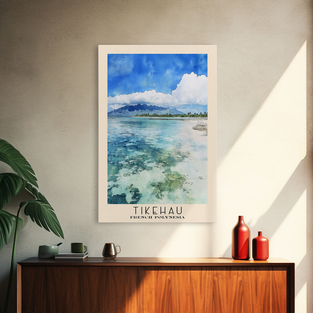 Tikehau, French Polynesia Watercolor Print, Vacation Gift, French Polynesia Wall Art, Beach Painting, Beach Decor, Large Wall Art, Wood Frame Art