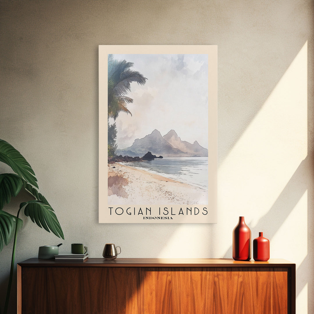 Togian Islands, Indonesia Watercolor Beach Print, Vacation Gift, Indonesia Wall Art, Framed Canvas Print, Framed Beach Painting