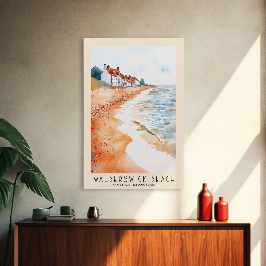 Walberswick Beach, United Kingdom Watercolor Beach Print, Vacation Gift, United Kingdom Wall Art, Framed Canvas Print, Framed Beach Painting