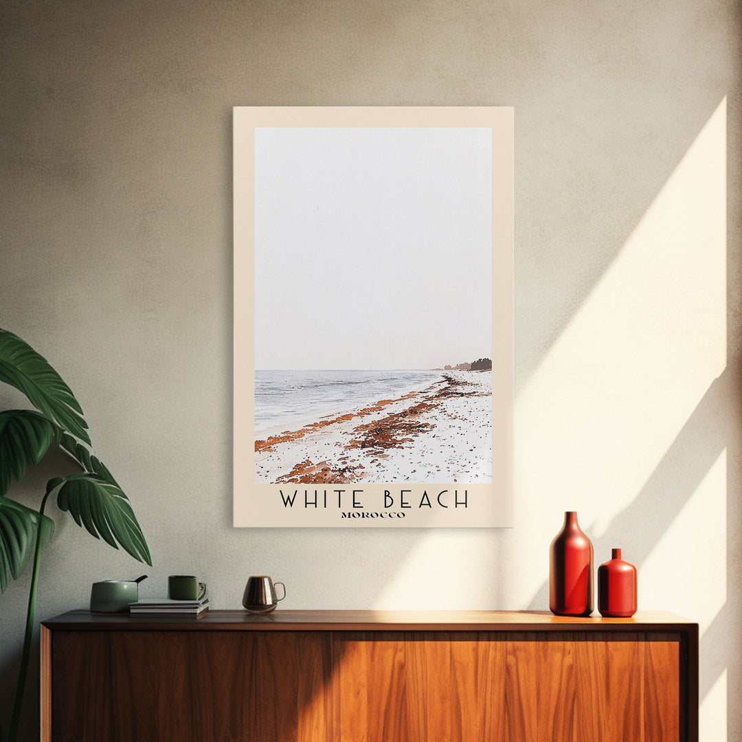 White Beach, Morocco Watercolor Beach Print, Vacation Gift, Morocco Wall Art, Framed Canvas Print, Framed Beach Painting