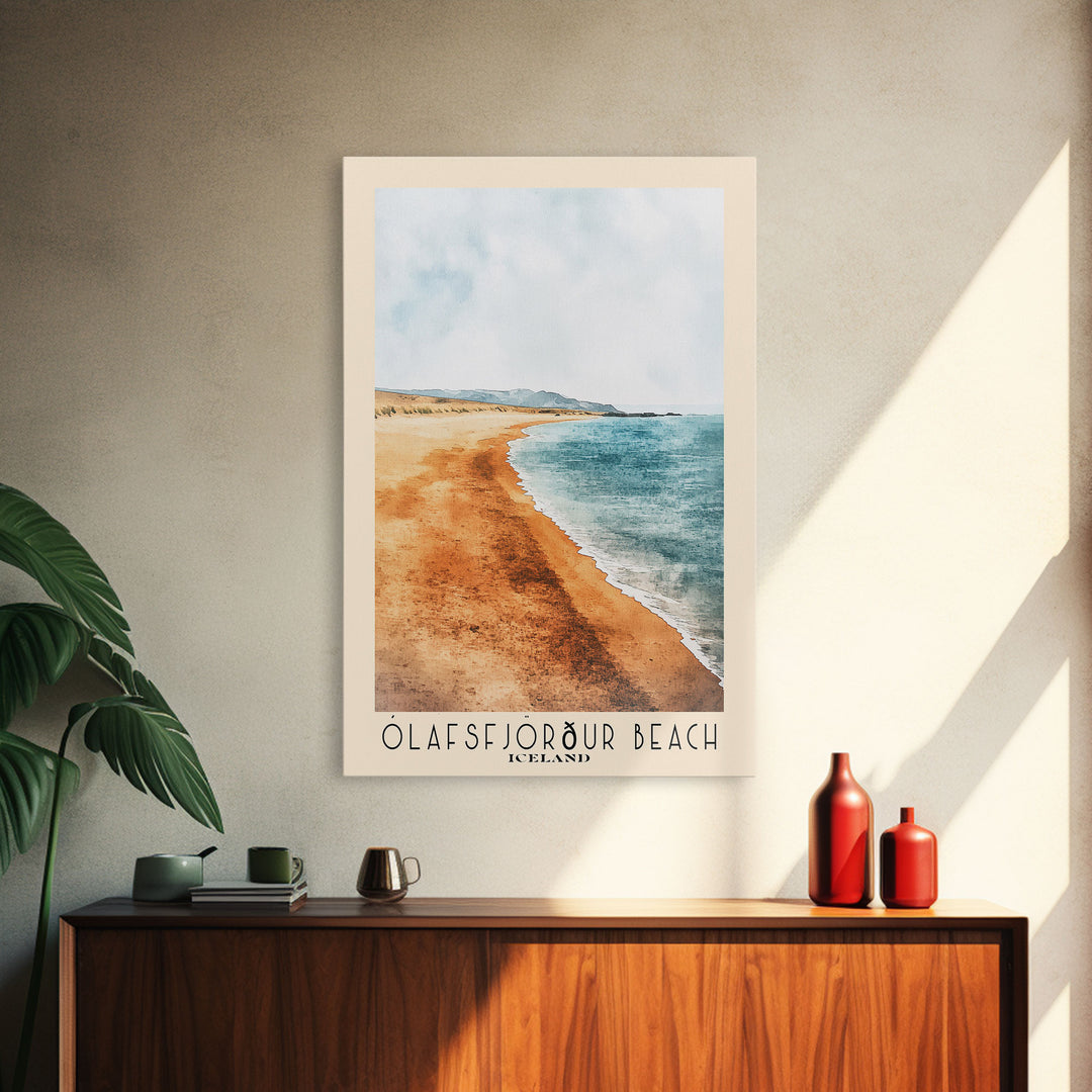 Ólafsfjörður Beach, Iceland Watercolor Print, Vacation Gift, Iceland Wall Art, Beach Painting, Beach Decor, Large Wall Art, Wood Frame Art