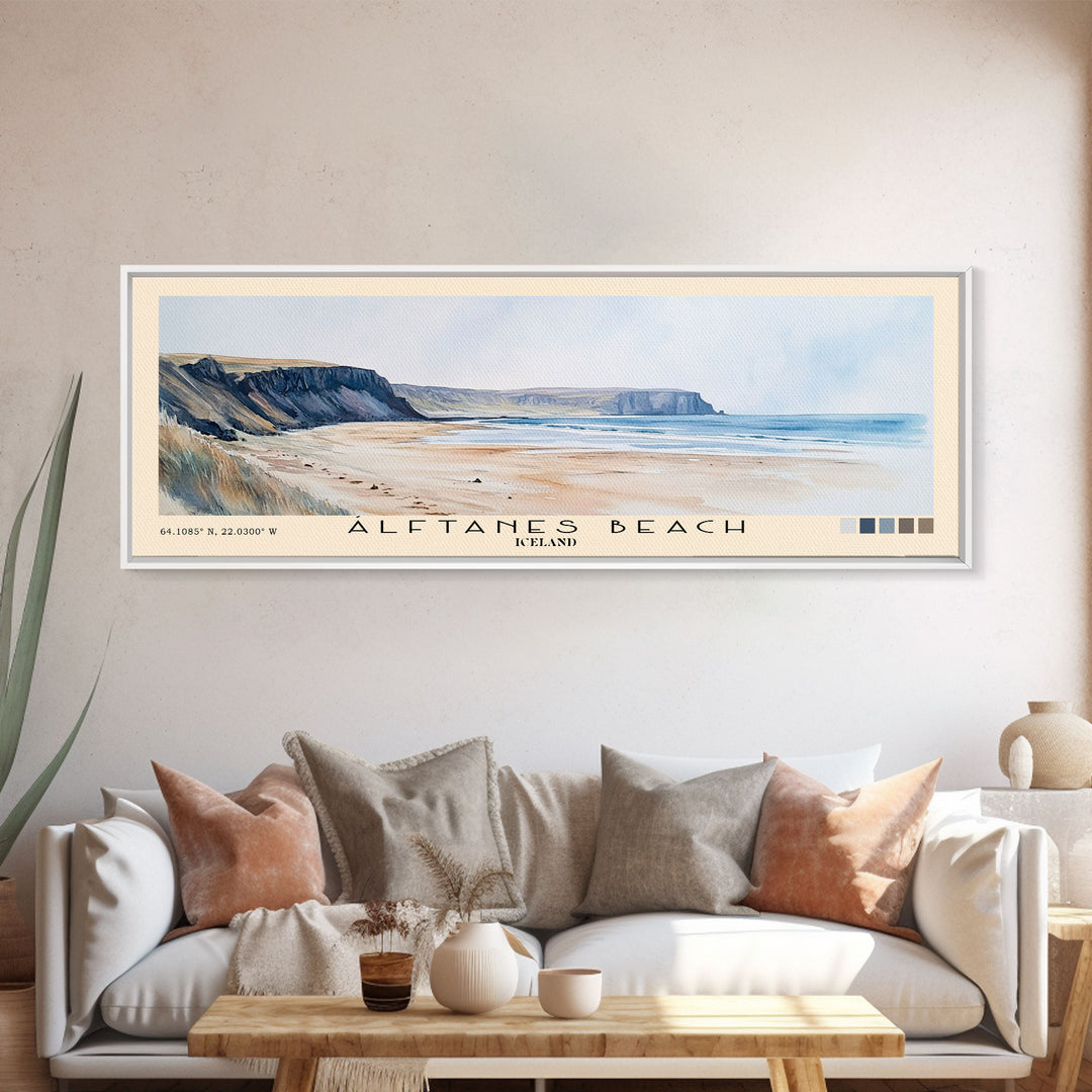 Álftanes Beach, Iceland Watercolor Print, Vacation Gift, Iceland Wall Art, Beach Painting, Beach Decor, Large Wall Art, Wood Frame Art