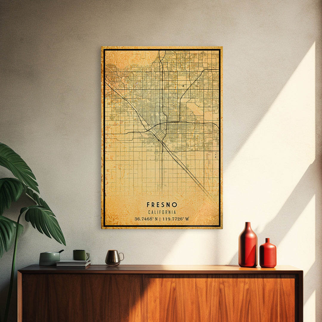 Distressed Fresno California Map, Framed Canvas Print Or Poster, California Map Print, Freso City Wall Art Map Print, Rustic Map Art